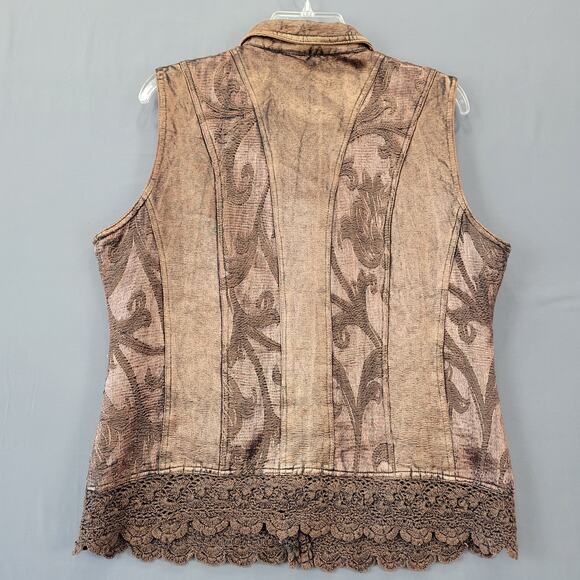 Urban Tribe Brown Vest Geometric Stripe Lace Button Up Classic Y2k Womens Size L - Picture 2 of 7